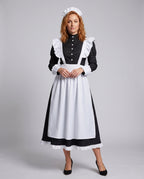 Women's maid Halloween costume with long sleeve black dress, ruffled white apron and headband
