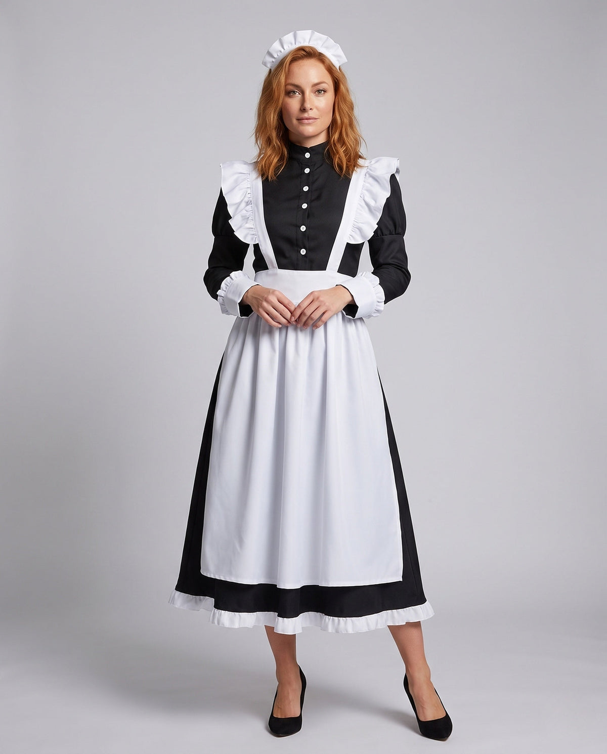 Women's maid Halloween costume with long sleeve black dress, ruffled white apron and headband