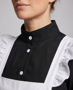 Women's maid Halloween costume with long sleeve black dress, ruffled white apron and headband - view 2