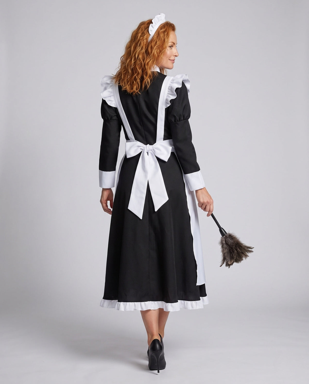 Women's maid Halloween costume with long sleeve black dress, ruffled white apron and headband - view 3