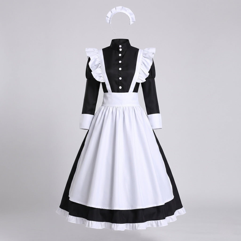 Women's maid Halloween costume with long sleeve black dress, ruffled white apron and headband - view 4