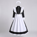 Women's maid Halloween costume with long sleeve black dress, ruffled white apron and headband - view 4