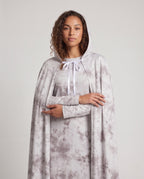 Women's gray tie-dye hooded ghost cape with white ribbon tie over a matching long-sleeve maxi dress - view 2