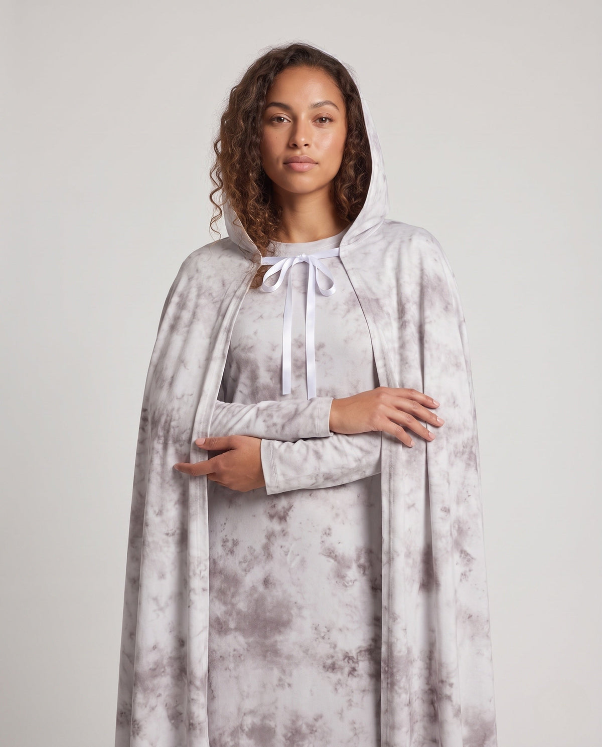 Women's gray tie-dye hooded ghost cape with white ribbon tie over a matching long-sleeve maxi dress - view 2