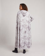 Women's gray tie-dye hooded ghost cape with white ribbon tie over a matching long-sleeve maxi dress - view 4