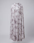 Women's gray tie-dye hooded ghost cape with white ribbon tie over a matching long-sleeve maxi dress - view 5