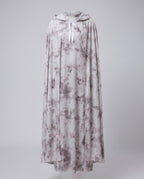 Women's gray tie-dye hooded ghost cape with white ribbon tie over a matching long-sleeve maxi dress - view 5