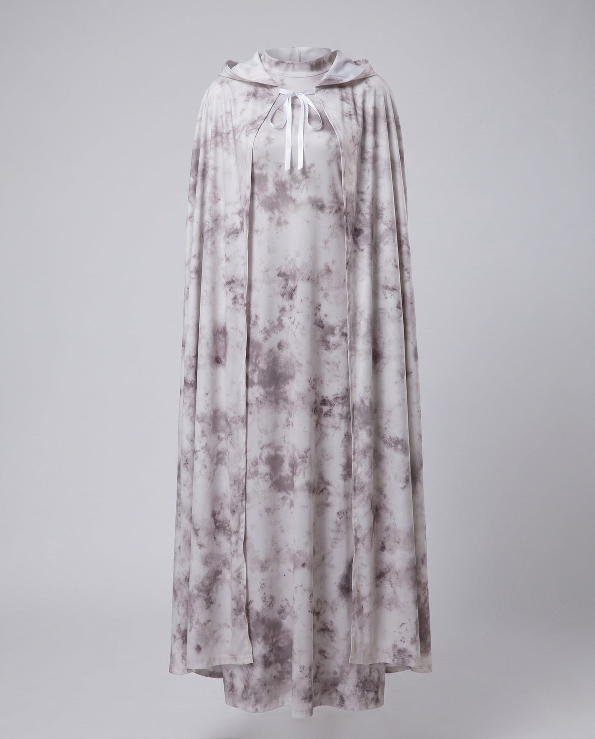 Women's gray tie-dye hooded ghost cape with white ribbon tie over a matching long-sleeve maxi dress - view 5