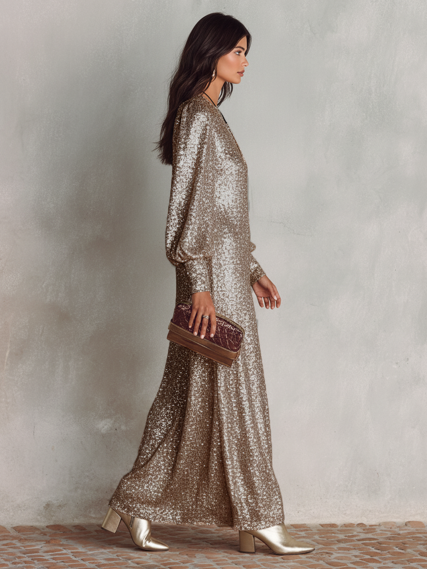 Aliyah sparkly sequin holiday party maxi dress with long sleeves - view 8