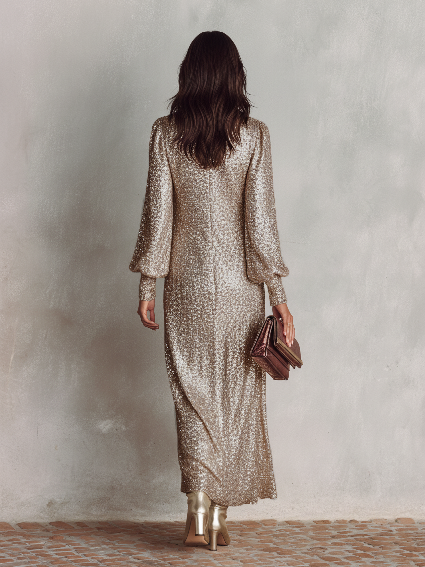 Aliyah sparkly sequin holiday party maxi dress with long sleeves - view 9