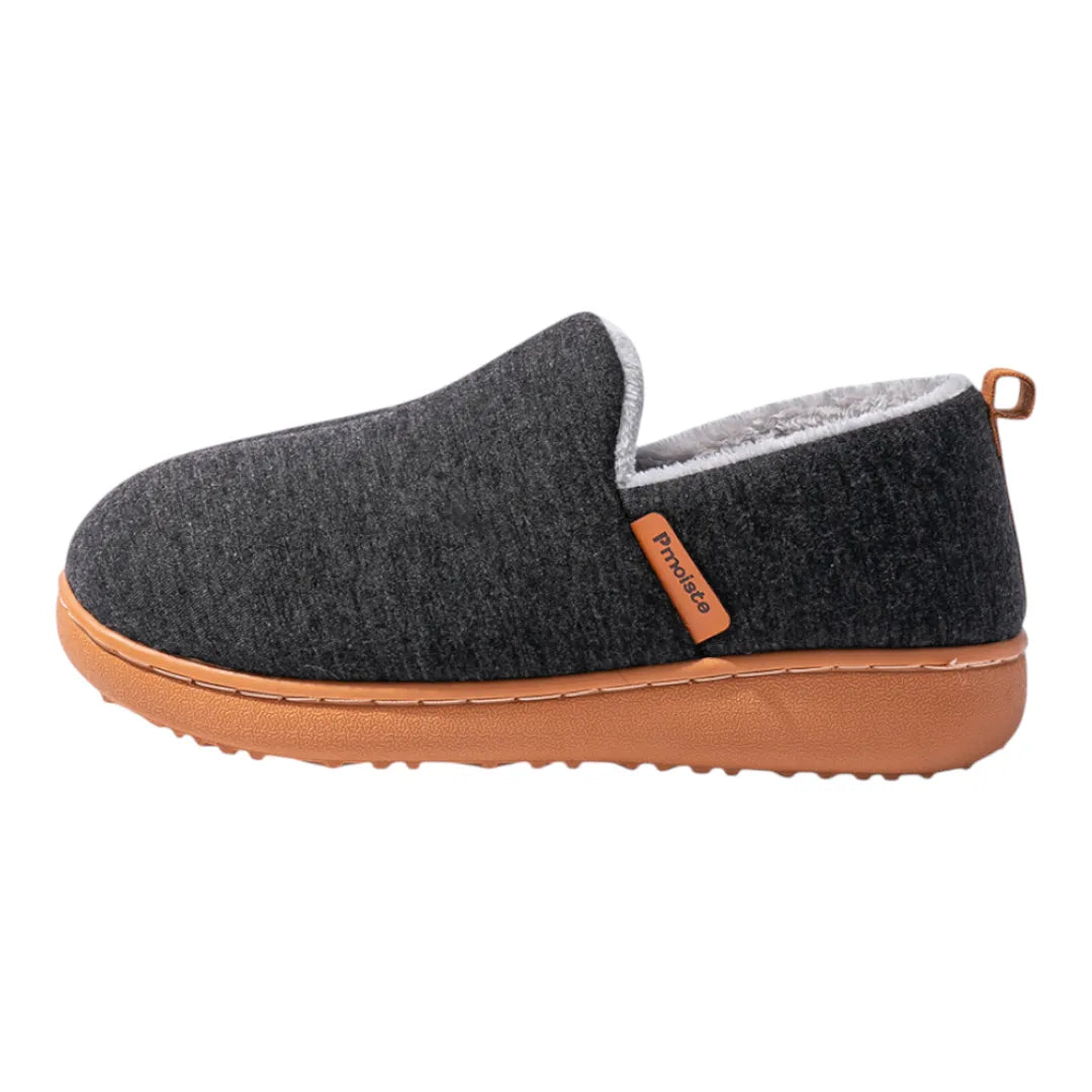 Women's fleece lined slippers with heathered slip-on upper and tan tread sole - view 2
