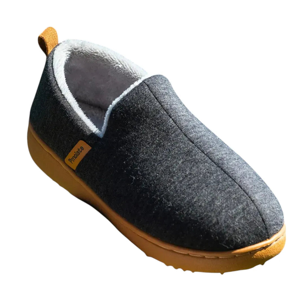 Women's fleece lined slippers with heathered slip-on upper and tan tread sole - view 3