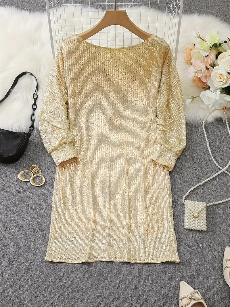 Long sleeve off-shoulder sequin mini dress - view 11