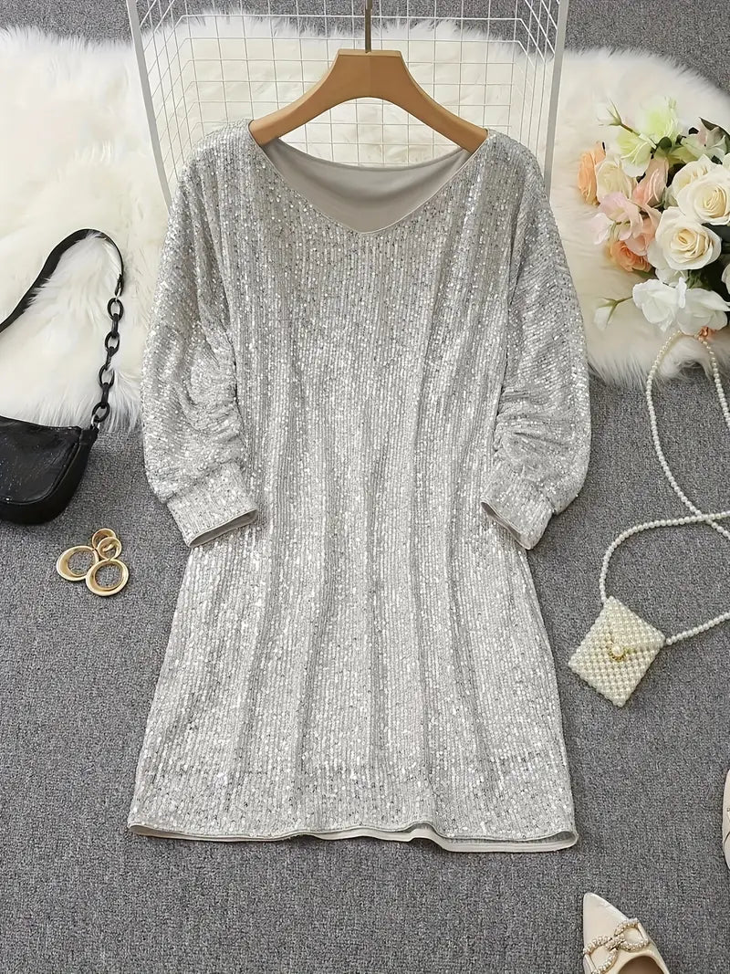 Long sleeve off-shoulder sequin mini dress - view 4