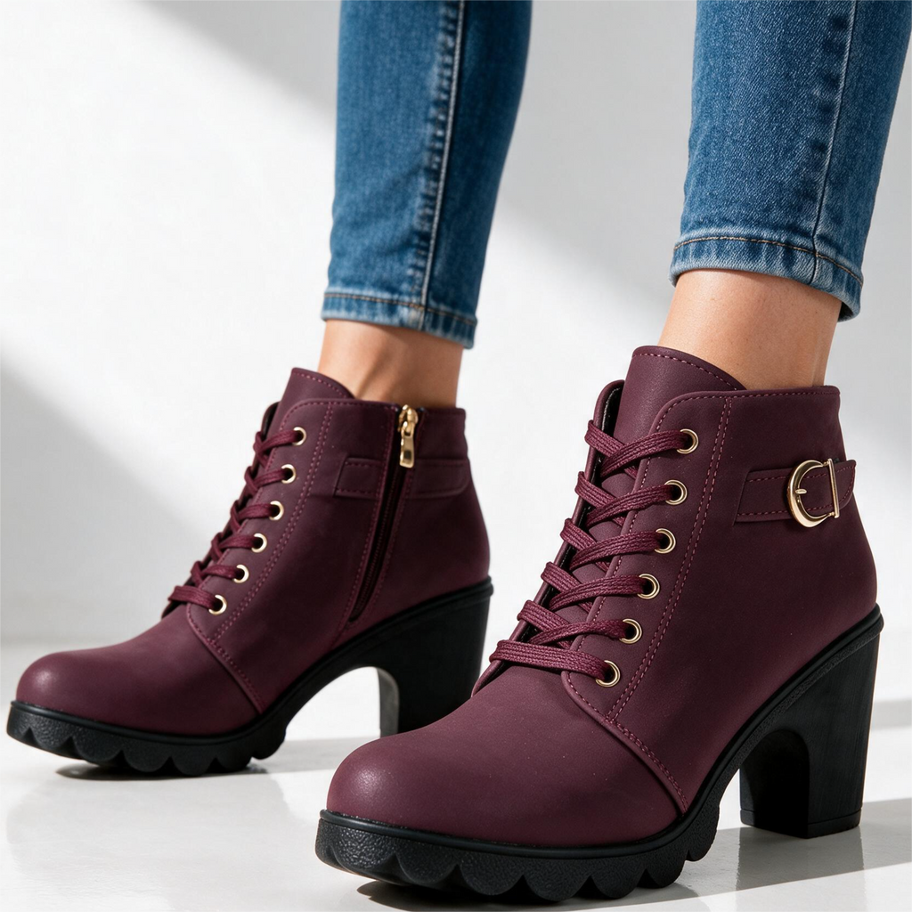 Lace-up platform ankle boots with chunky block heel, gold buckle strap and side zip