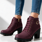 Lace-up platform ankle boots with chunky block heel, gold buckle strap and side zip