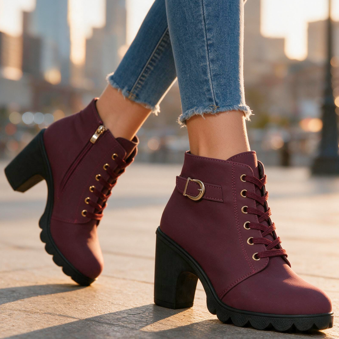 Lace-up platform ankle boots with chunky block heel, gold buckle strap and side zip - view 12