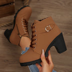 Lace-up platform ankle boots with chunky block heel, gold buckle strap and side zip - view 14