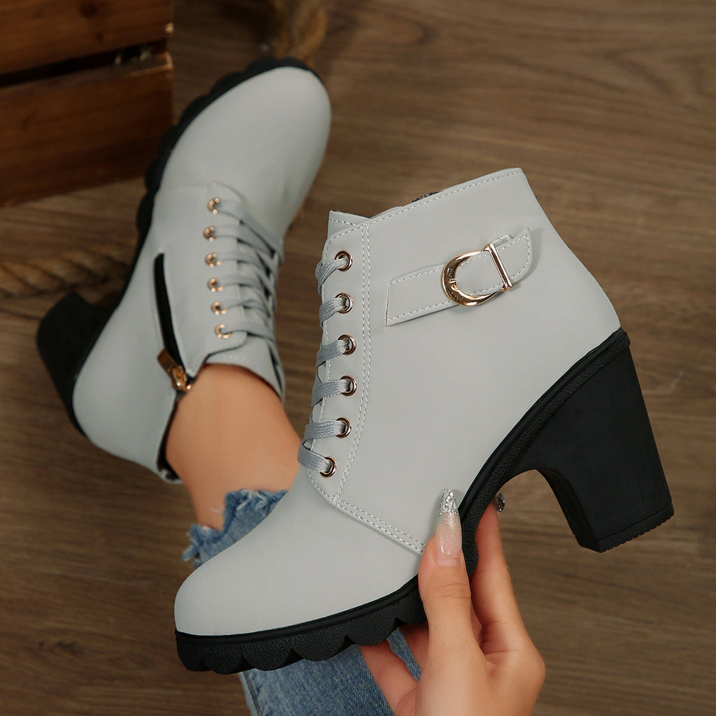 Lace-up platform ankle boots with chunky block heel, gold buckle strap and side zip - view 15