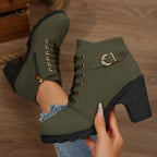 Lace-up platform ankle boots with chunky block heel, gold buckle strap and side zip - view 16