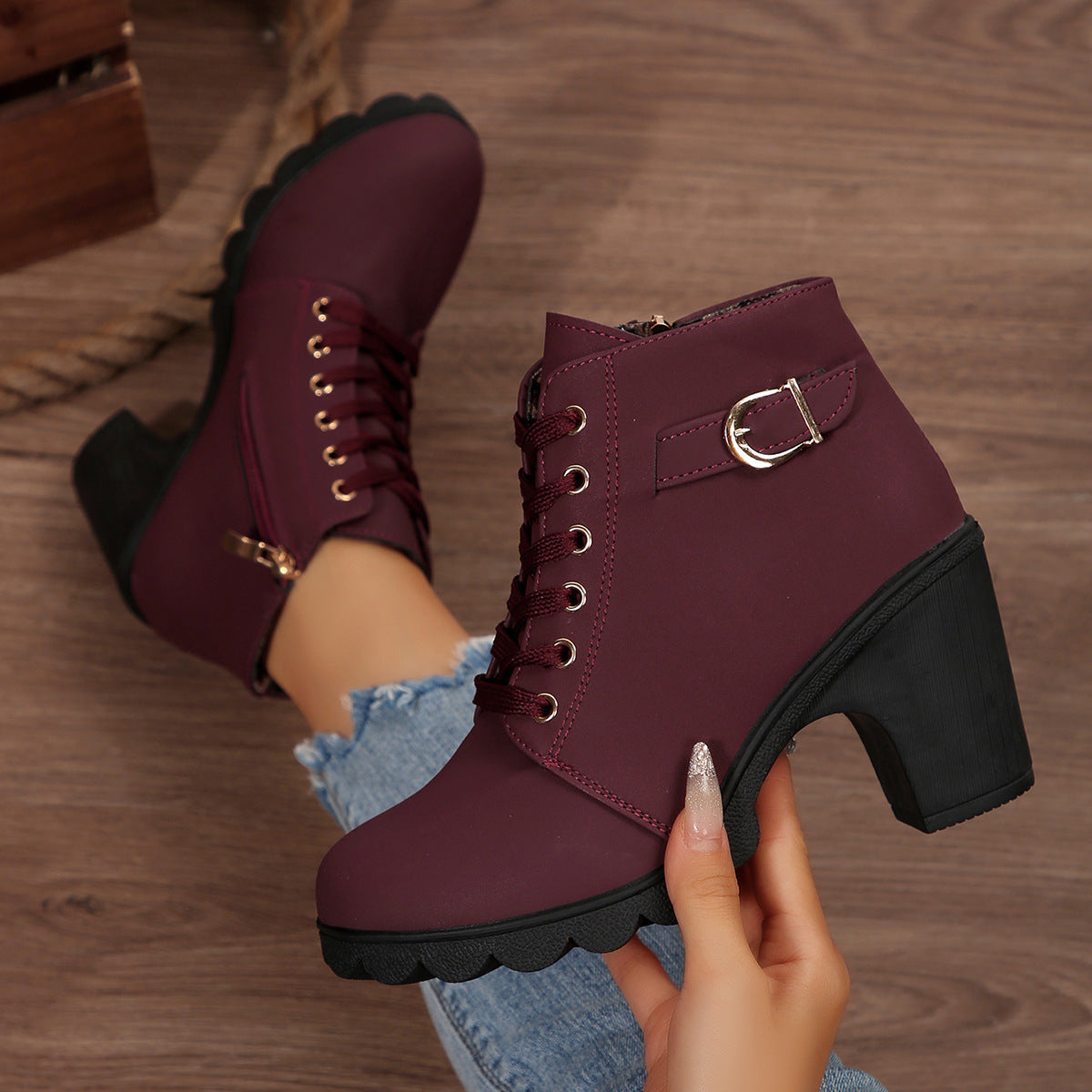 Lace-up platform ankle boots with chunky block heel, gold buckle strap and side zip - view 17