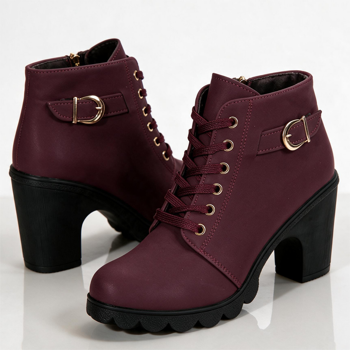 Lace-up platform ankle boots with chunky block heel, gold buckle strap and side zip - view 3