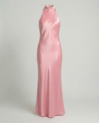 Halter neck satin maxi dress with high mock neckline - view 3