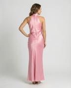 Halter neck satin maxi dress with high mock neckline - view 4