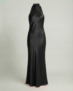 Halter neck satin maxi dress with high mock neckline - view 8