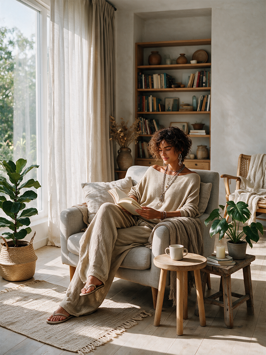 Khaki textured knit pullover and crinkle wide leg pants set on a model - view 2