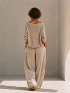 Khaki textured knit pullover and crinkle wide leg pants set on a model - view 3
