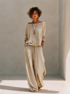 Khaki textured knit pullover and crinkle wide leg pants set on a model - view 4