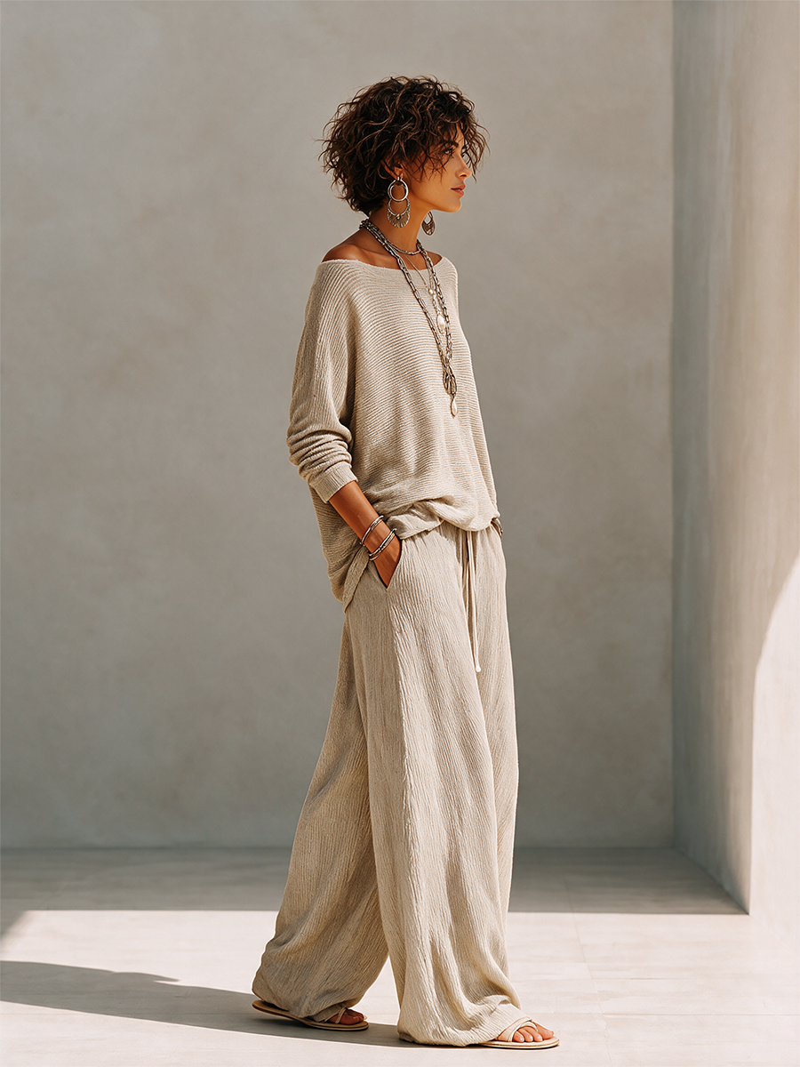 Khaki textured knit pullover and crinkle wide leg pants set on a model - view 5