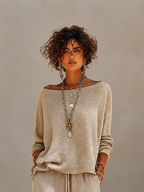 Khaki textured knit pullover and crinkle wide leg pants set on a model - view 6