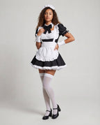 Women's black and white maid Halloween costume dress with ruffled apron and black bow collar