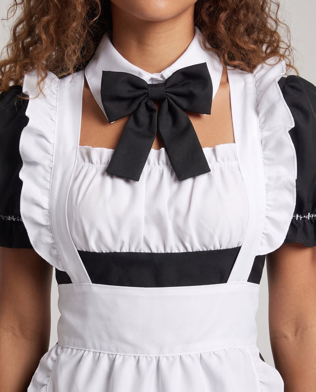 Women's black and white maid Halloween costume dress with ruffled apron and black bow collar - view 2