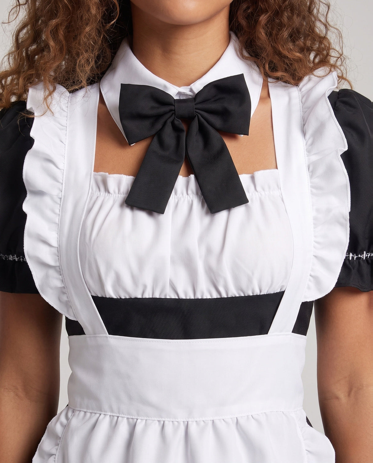 Women's black and white maid Halloween costume dress with ruffled apron and black bow collar - view 2