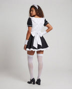 Women's black and white maid Halloween costume dress with ruffled apron and black bow collar - view 3