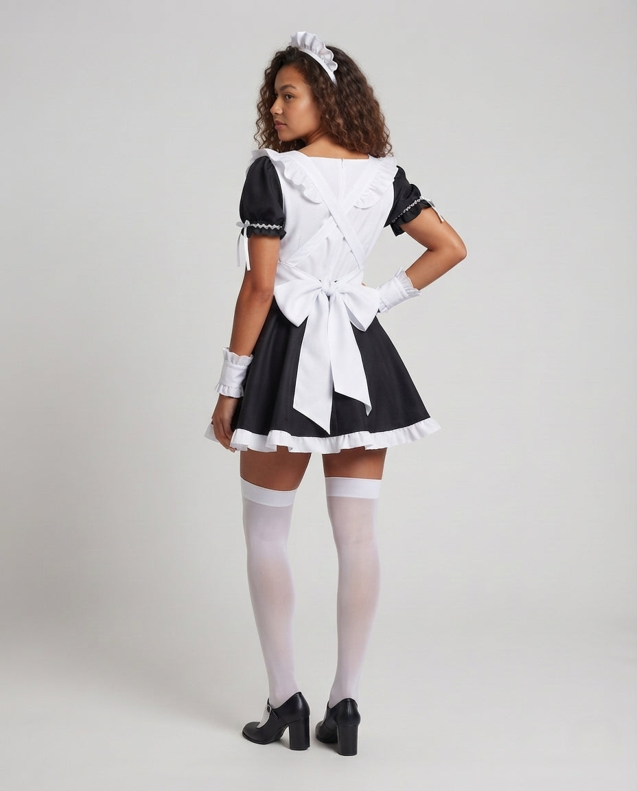 Women's black and white maid Halloween costume dress with ruffled apron and black bow collar - view 3