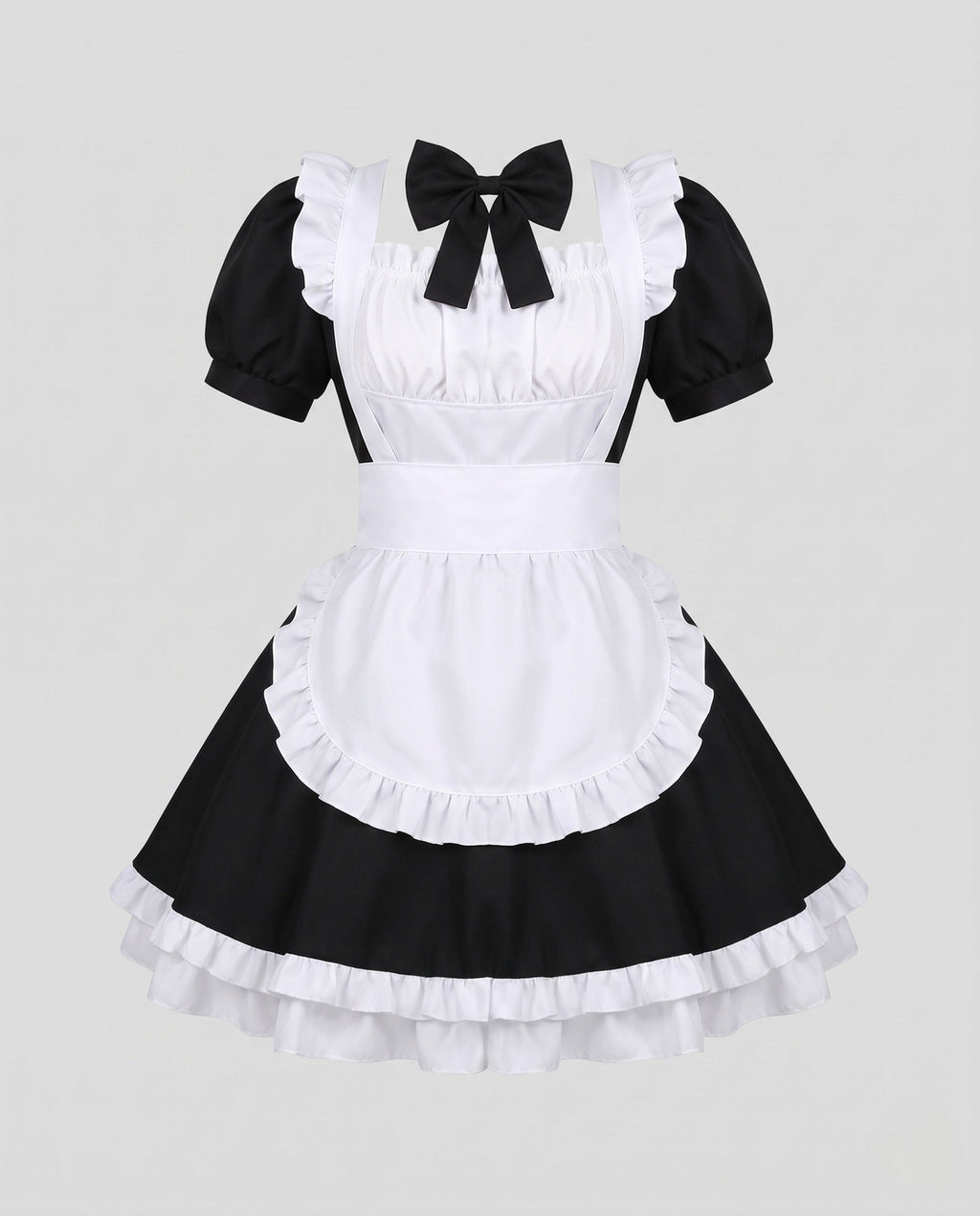 Women's black and white maid Halloween costume dress with ruffled apron and black bow collar - view 4