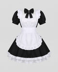 Women's black and white maid Halloween costume dress with ruffled apron and black bow collar - view 4