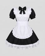 Women's black and white maid Halloween costume dress with ruffled apron and black bow collar - view 4