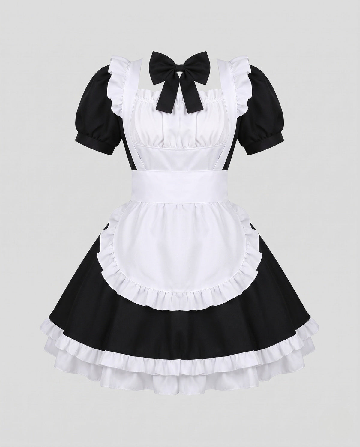 Women's black and white maid Halloween costume dress with ruffled apron and black bow collar - view 4