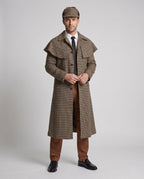 Men's detective Halloween costume with brown houndstooth caped long coat and deerstalker hat