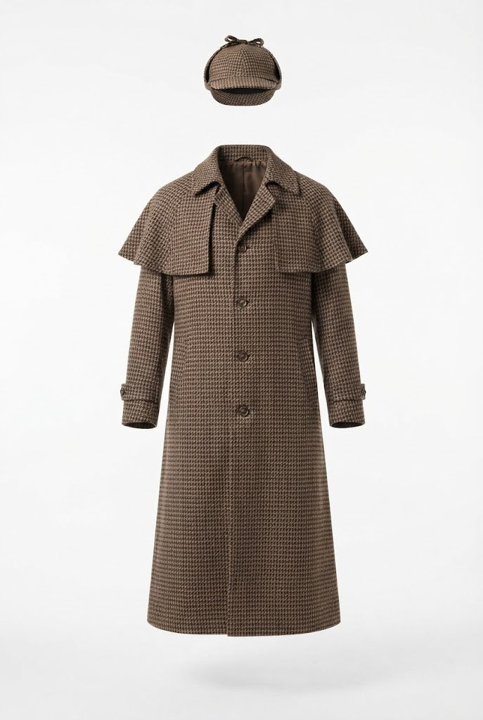 Men's detective Halloween costume with brown houndstooth caped long coat and deerstalker hat - view 4