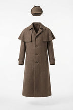 Men's detective Halloween costume with brown houndstooth caped long coat and deerstalker hat - view 4