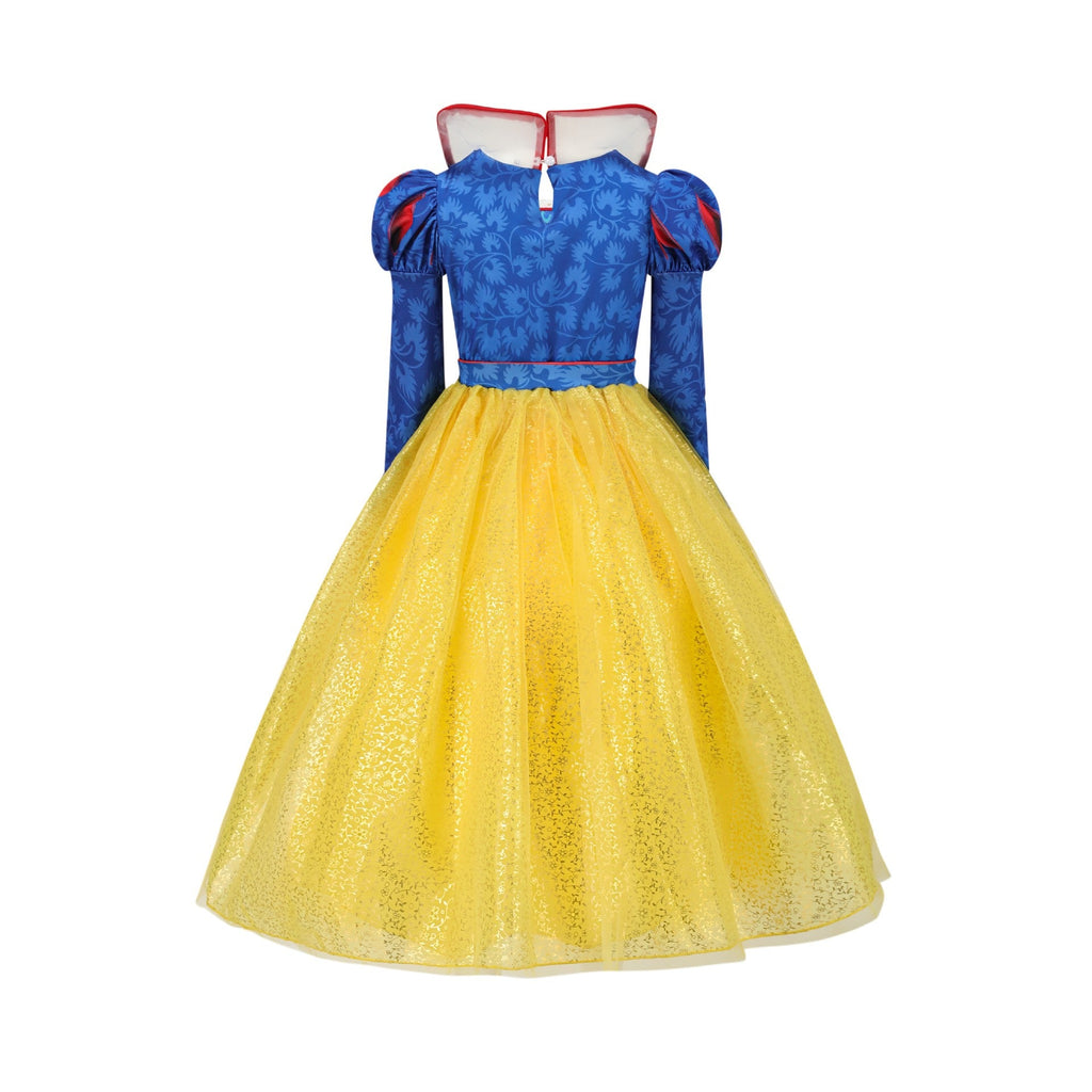 Girls fairytale princess costume dress with blue puff-sleeve bodice, red lacing and yellow shimmer tulle skirt - view 2