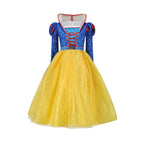Girls fairytale princess costume dress with blue puff-sleeve bodice, red lacing and yellow shimmer tulle skirt - view 3