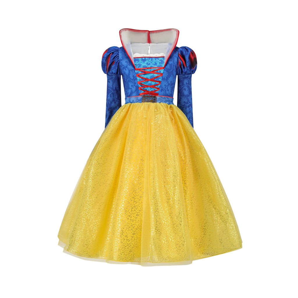 Girls fairytale princess costume dress with blue puff-sleeve bodice, red lacing and yellow shimmer tulle skirt - view 5