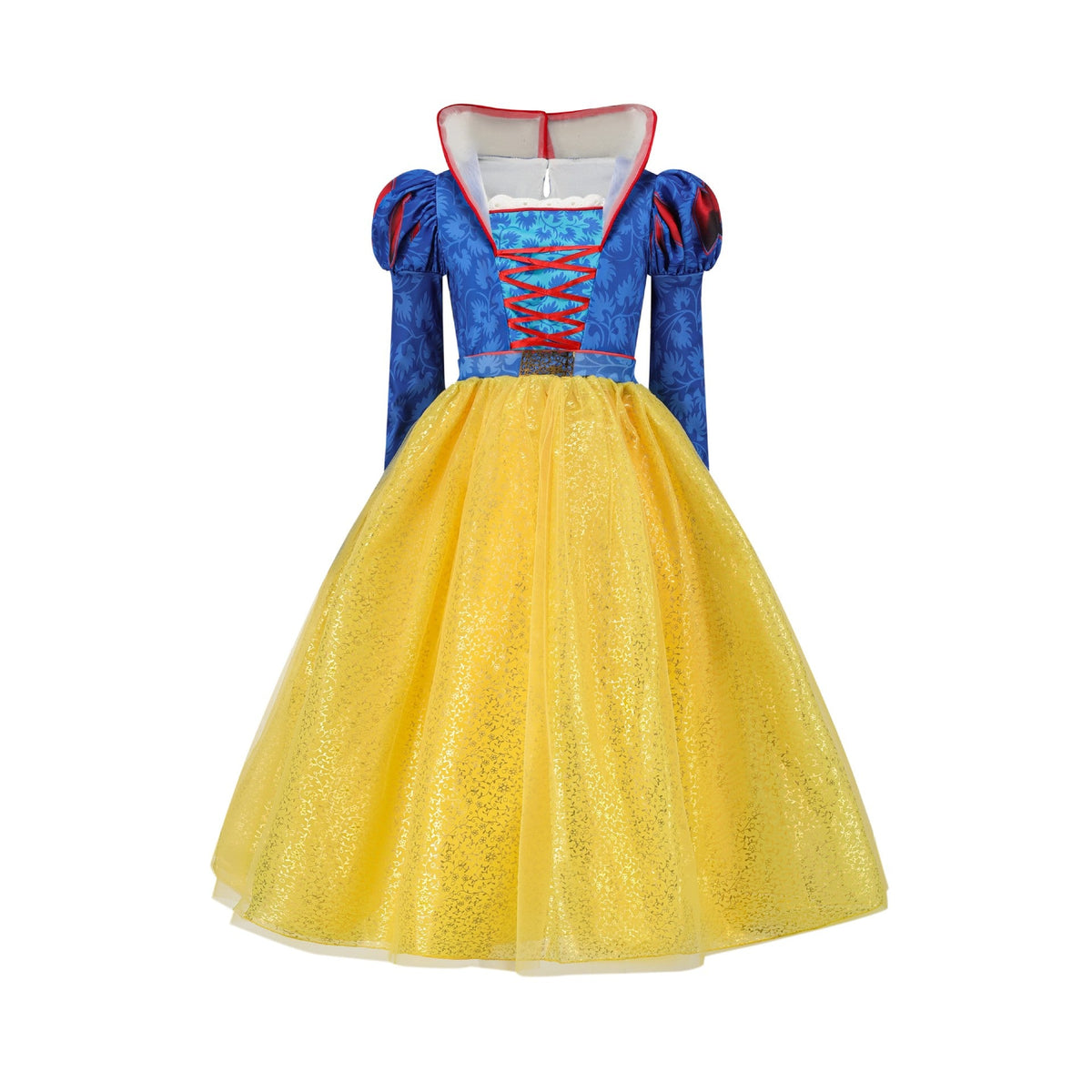 Girls fairytale princess costume dress with blue puff-sleeve bodice, red lacing and yellow shimmer tulle skirt - view 5